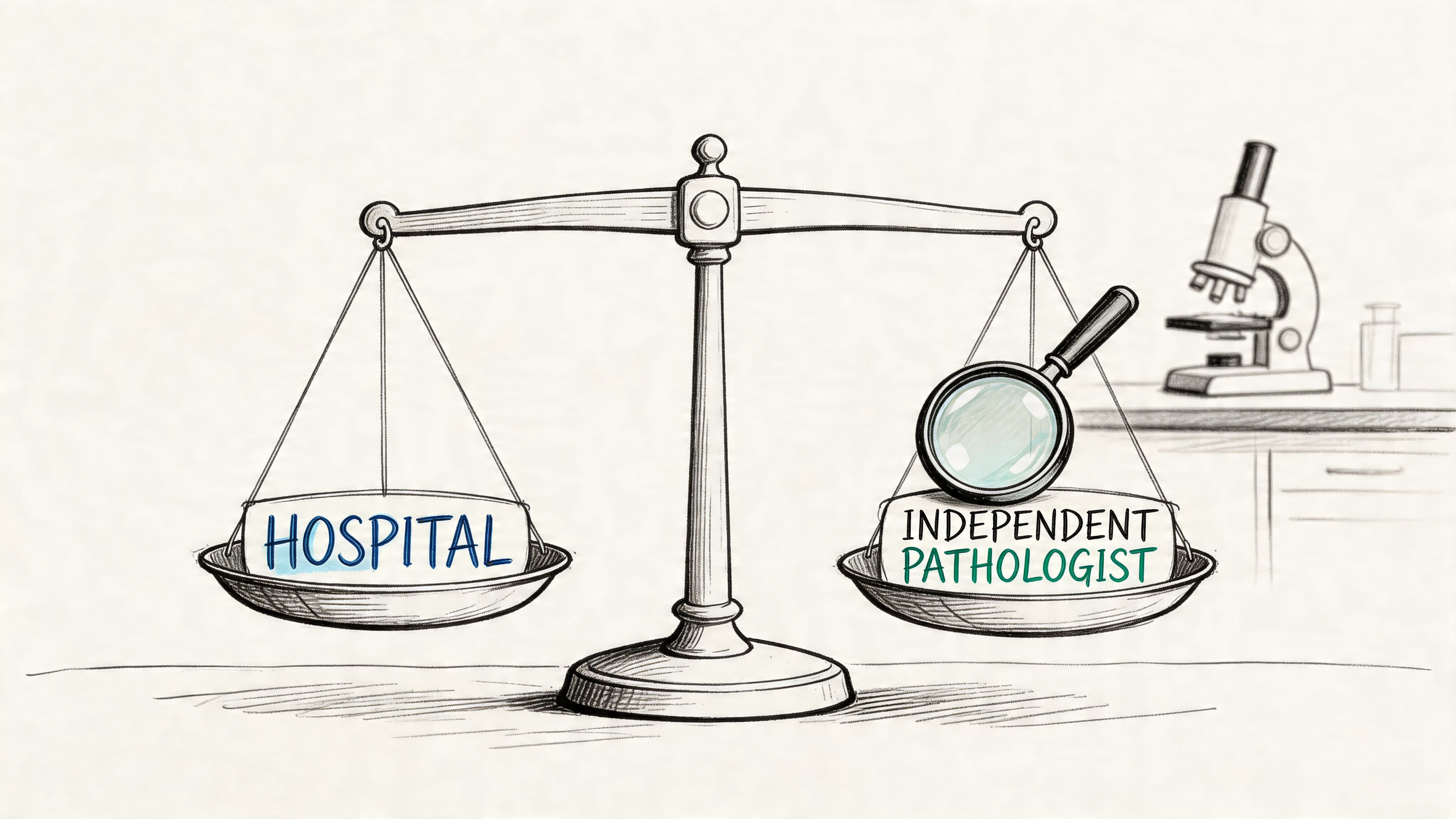 A line drawing of a balance scale weighing a hospital label against an independent pathologist label.