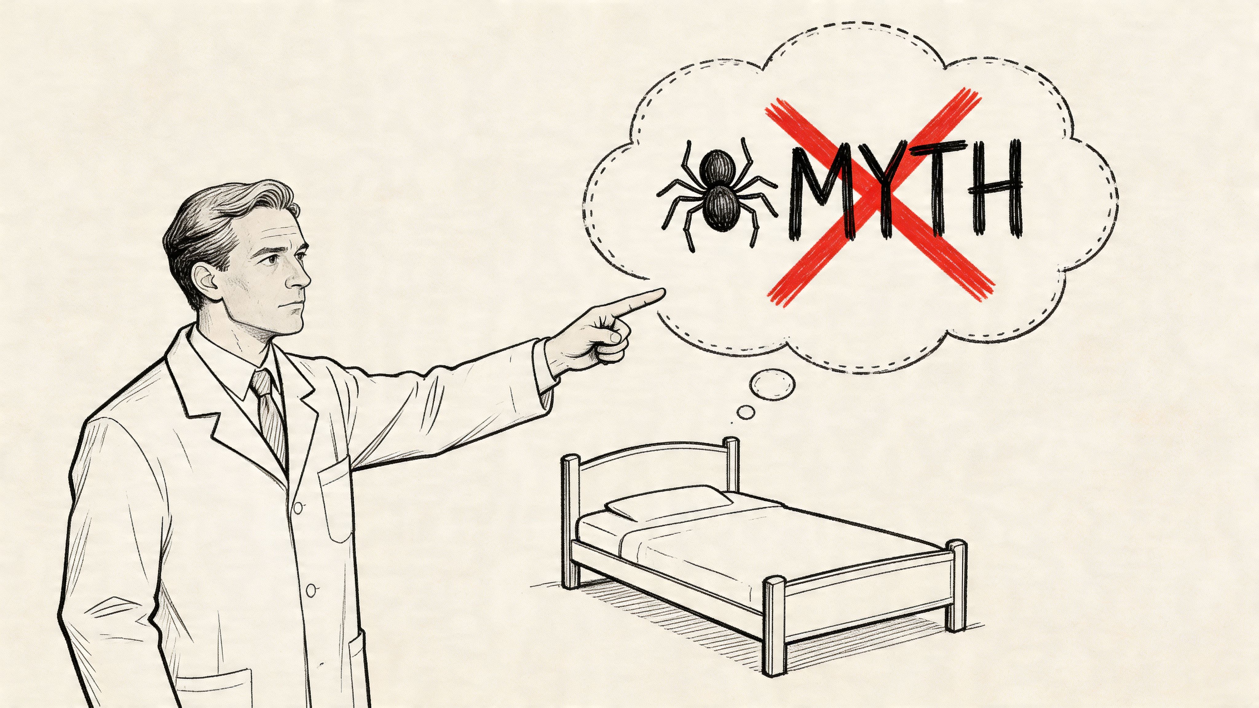 A doctor pointing at a thought bubble displaying a crossed-out spider and the word myth above a bed.