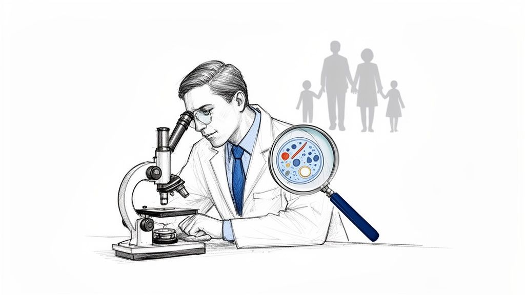A doctor examines cells under a microscope, with a magnified view of cells and a family silhouette.