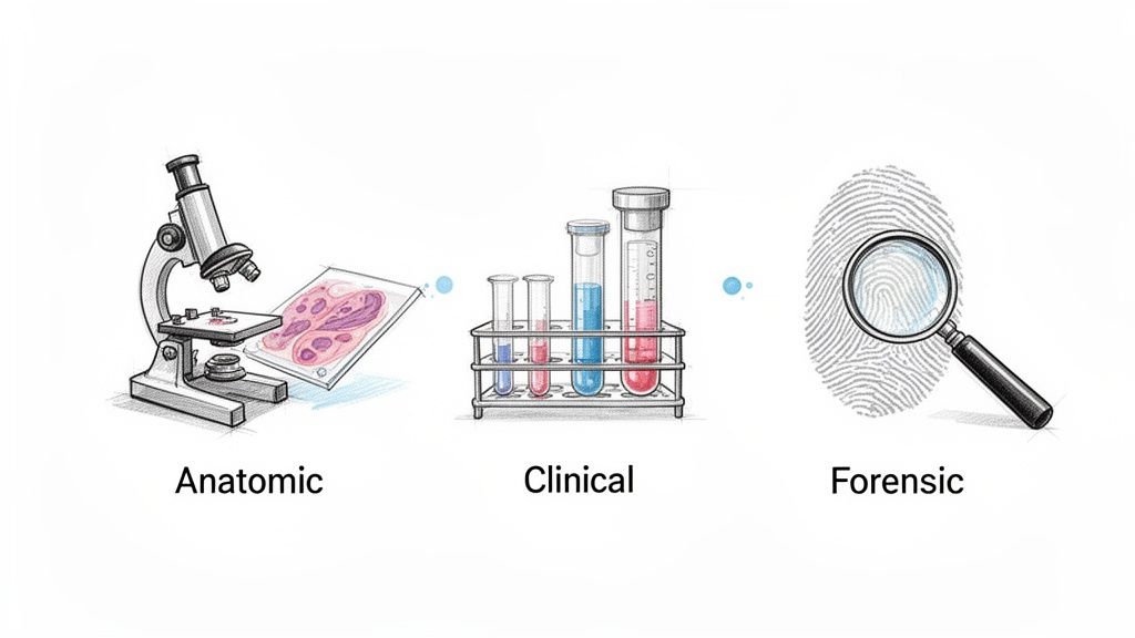 Illustrations of anatomic (microscope), clinical (test tubes), and forensic (fingerprint with magnifying glass) pathology.