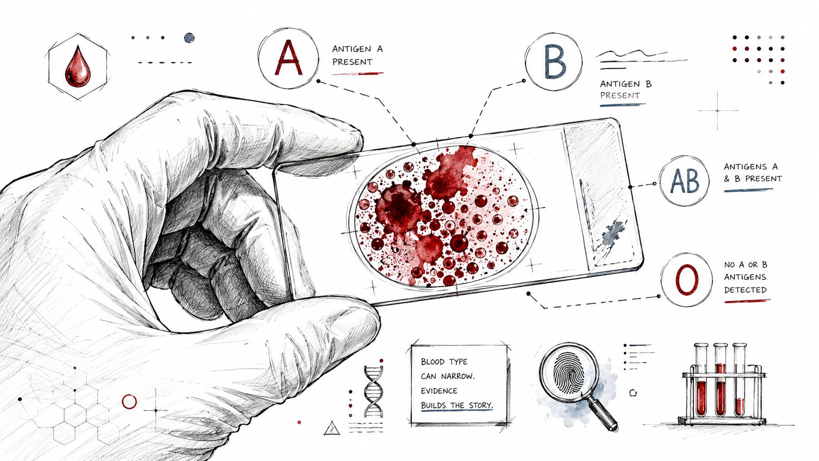 A hand in a medical glove holds a microscope slide illustrating blood type antigen testing processes.