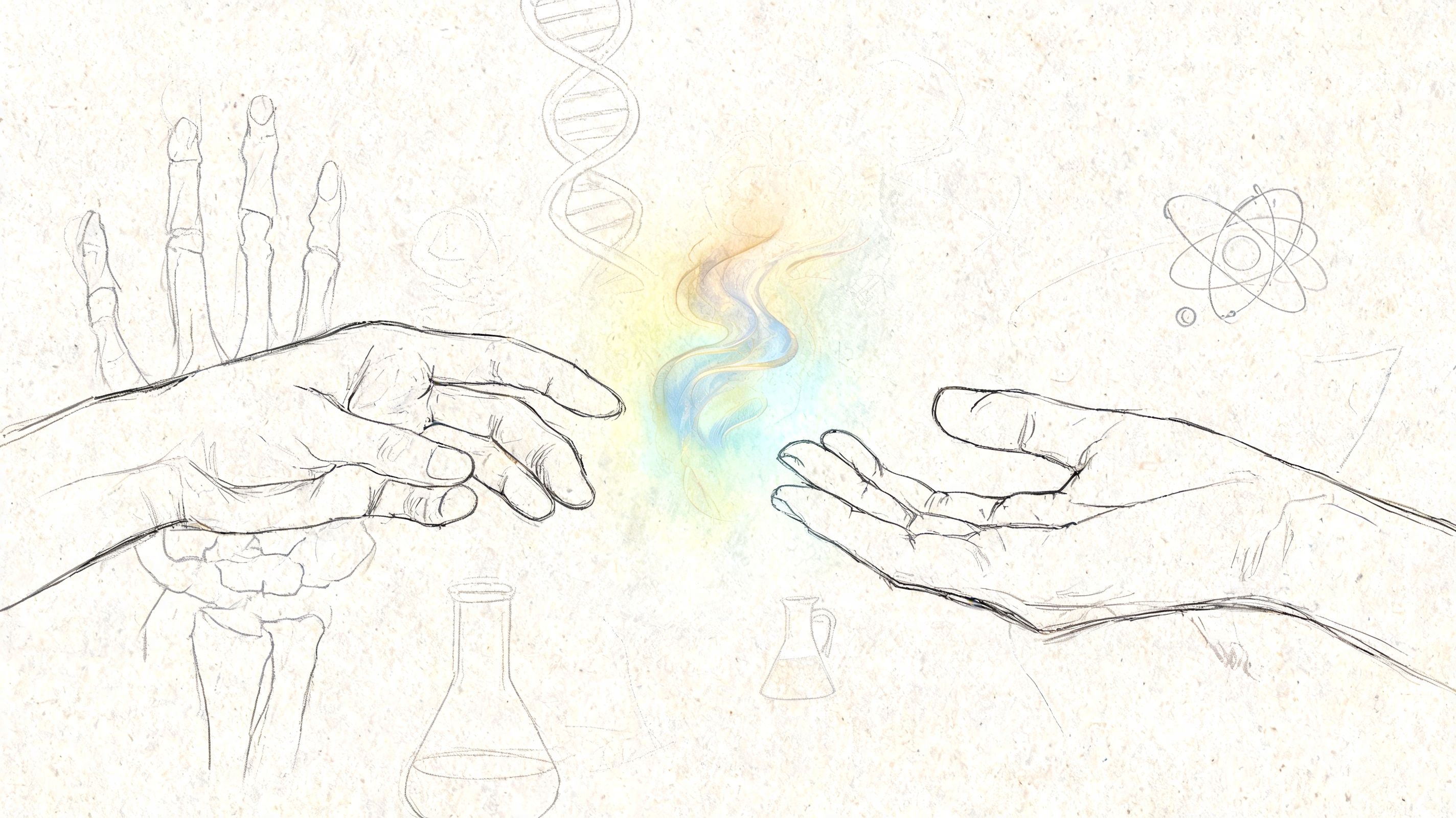 An artistic sketch of two human hands reaching toward a glowing, colorful energy icon in the center.
