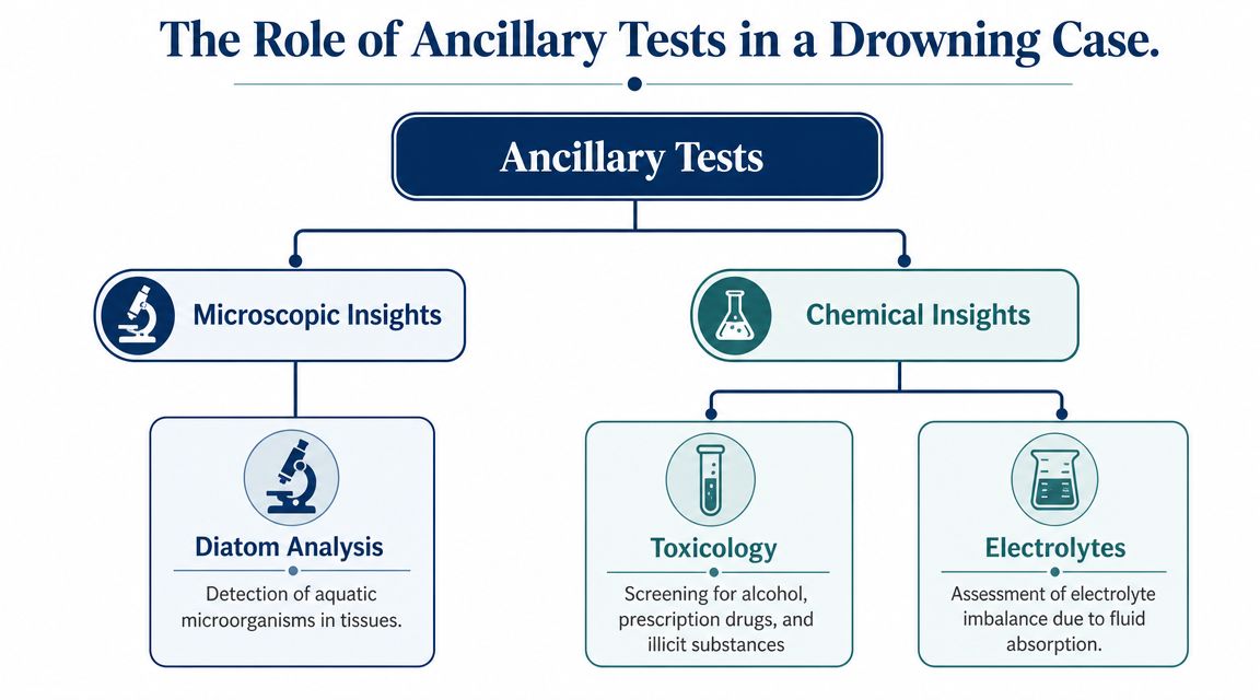 A flowchart infographic titled The Role of Ancillary Tests in a Drowning Case describing microscopic and chemical diagnostic procedures.