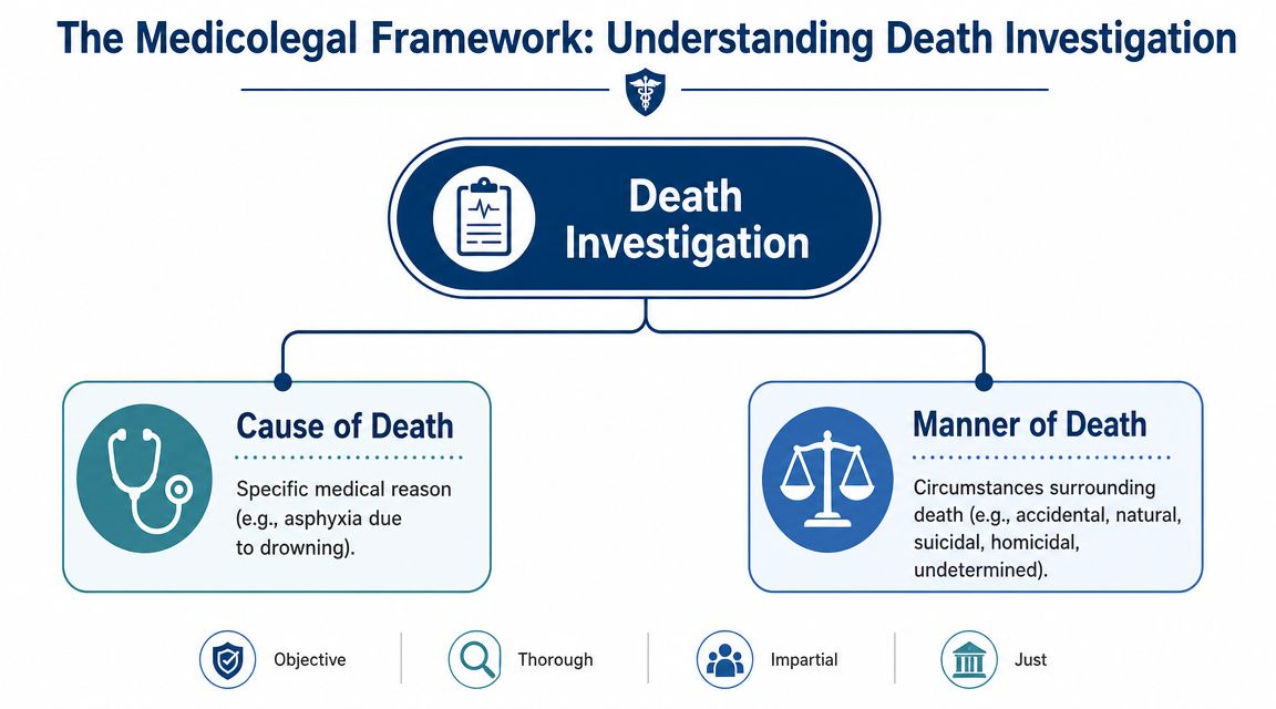 A diagram illustrating the medicolegal framework of death investigation, defining cause of death and manner of death.