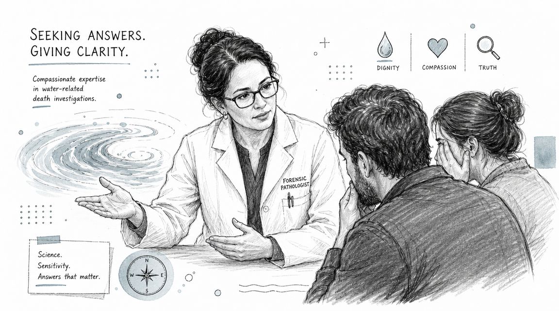A forensic pathologist consults with a grieving couple in an illustration focused on water-related death investigations.