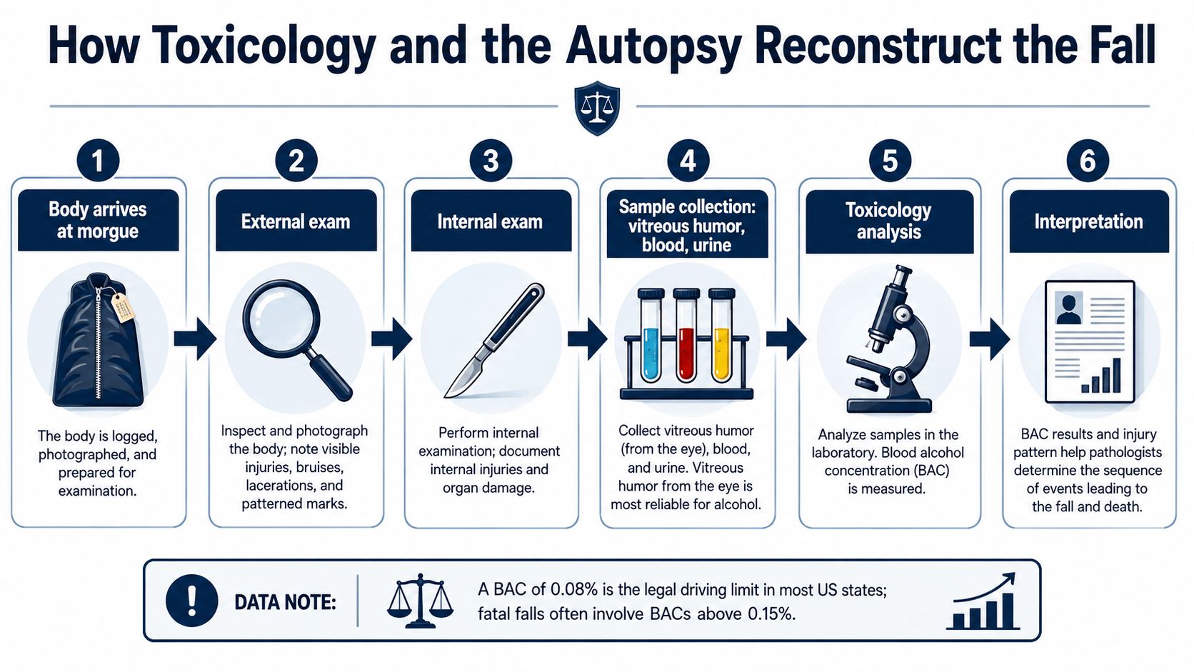 A six-step infographic illustrating the process of toxicology and autopsy to reconstruct a fatal fall incident.