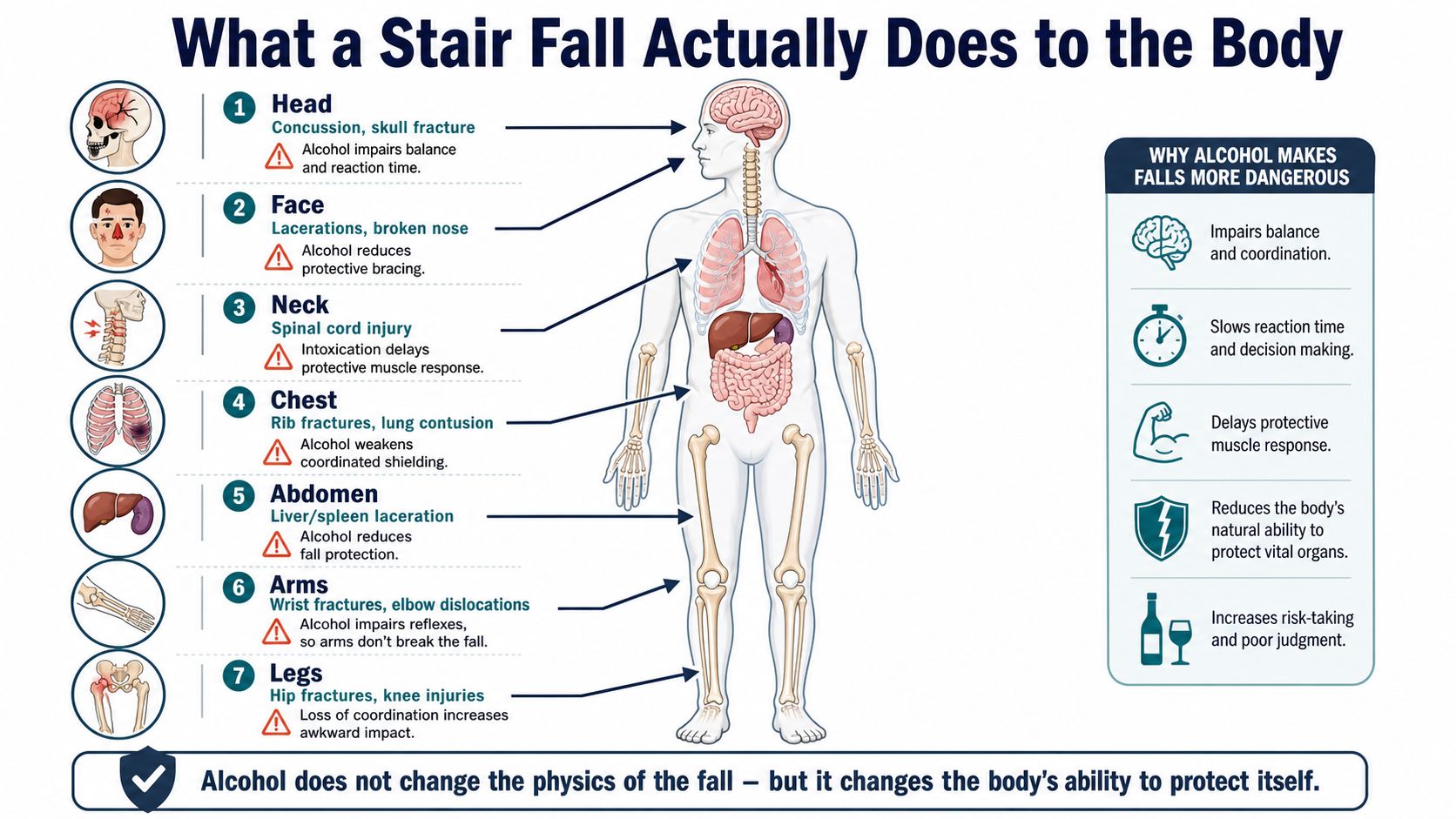 An infographic detailing how alcohol consumption increases the severity and risk of physical injuries during a stair fall.