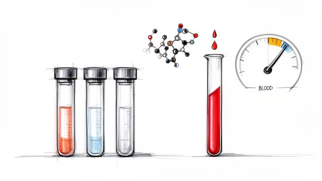 A detailed sketch showing multiple test tubes with liquids, a molecular structure, blood drops, and a blood level gauge.