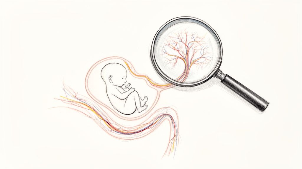 Pencil drawing of a fetus in a womb, connected to a magnifying glass revealing a tree-like genetic structure.