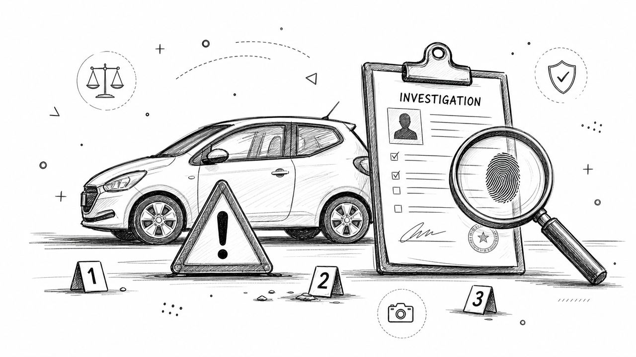 A black and white sketch of a car accident investigation scene with a magnifying glass and documents.