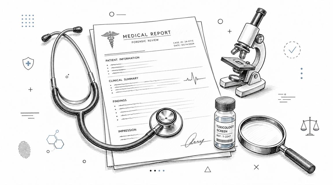 A professional medical report, a stethoscope, a microscope, a toxicology bottle, and a magnifying glass on paper.