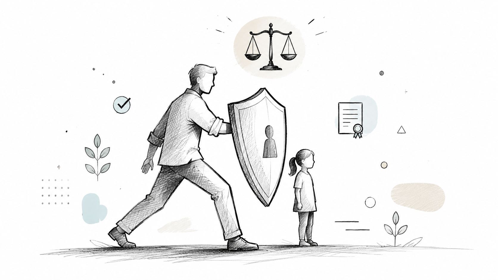 A sketched illustration showing a man protecting a young girl with a shield near legal symbols.