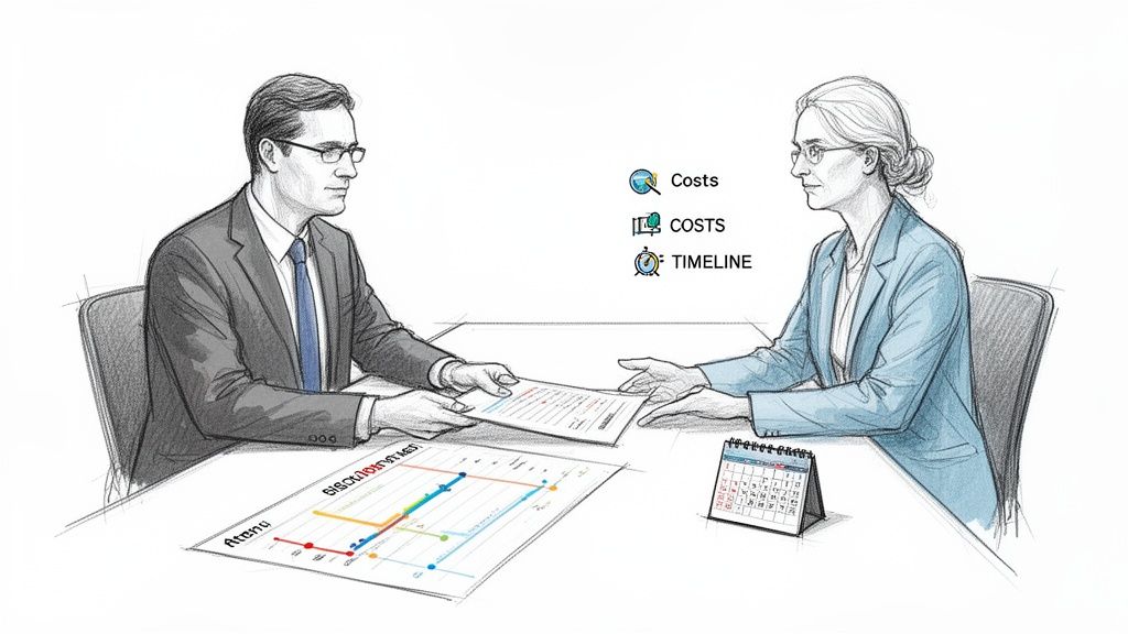 Two business professionals discussing documents, a graph, and a calendar, with icons for costs and timeline.