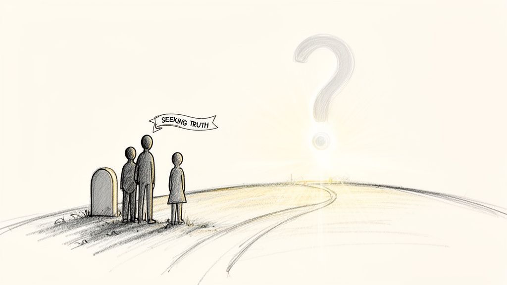 Three people by a tombstone face a path towards a glowing question mark under a 'SEEKING TRUTH' banner.