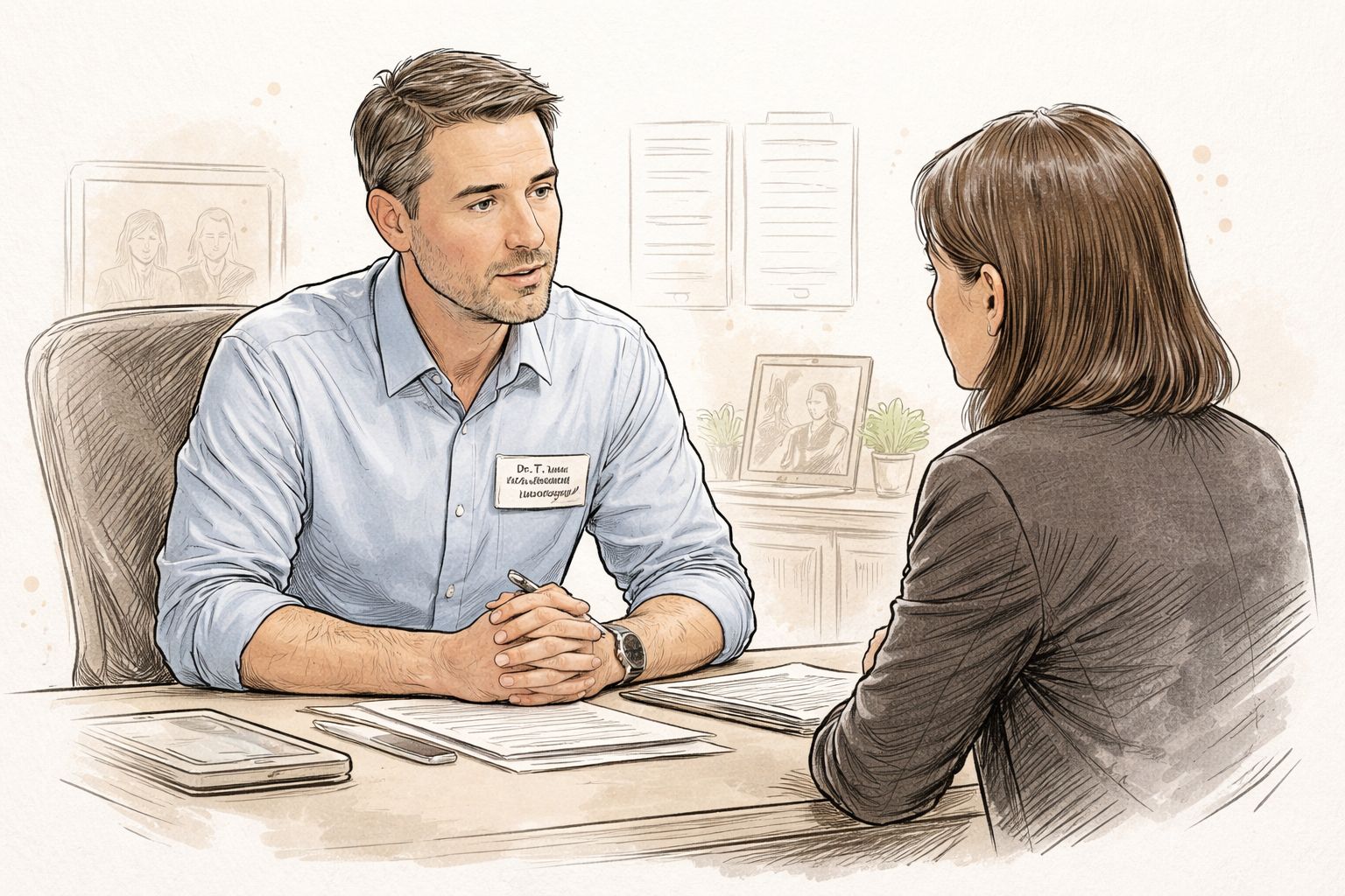 A professional doctor sitting at a desk and speaking with a female patient during a consultation.