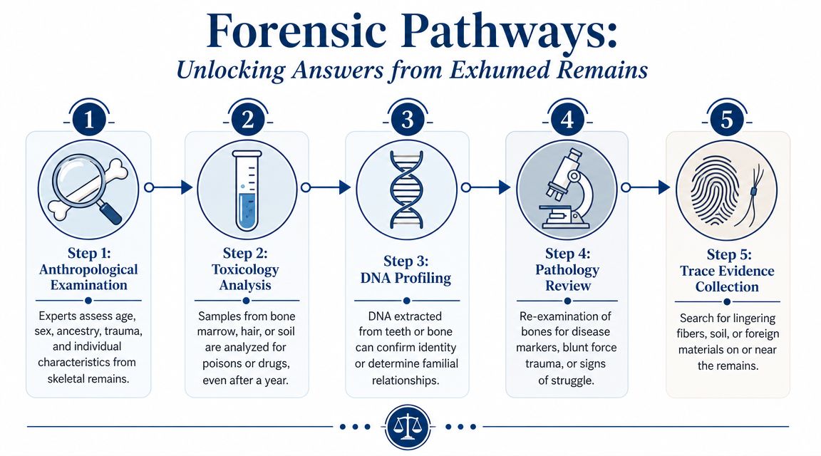 A flowchart detailing the five-step forensic analysis process for examining exhumed human remains.
