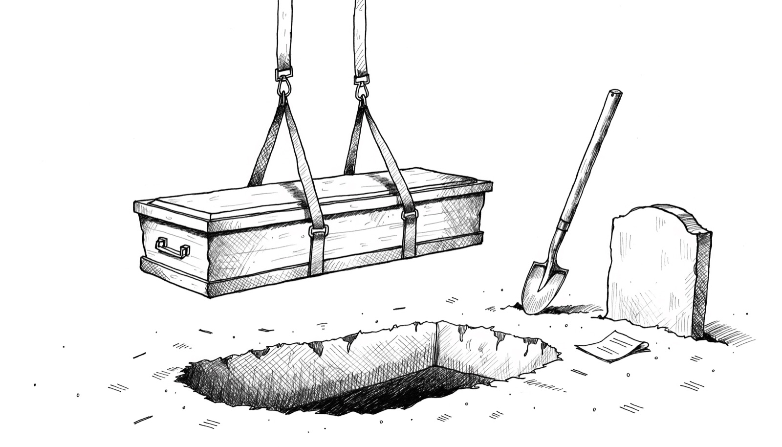 A closed casket raised on lifting straps above an open grave plot beside a headstone and a spade