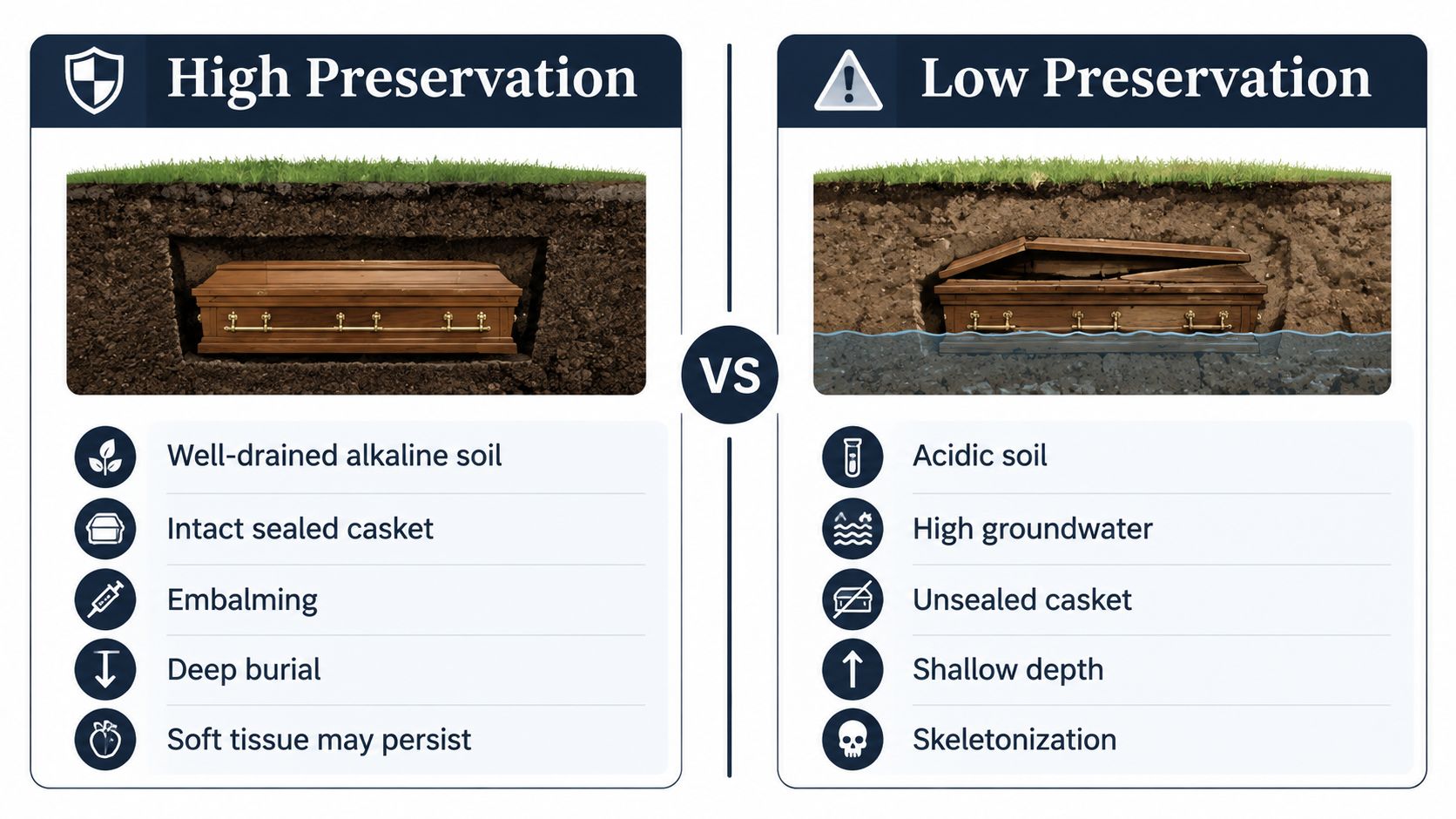 A comparison chart showing how environmental factors and burial practices affect the preservation of a human body.