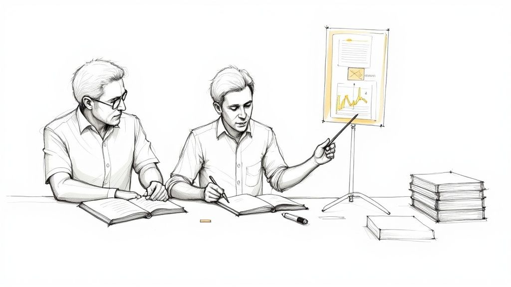 Black and white sketch of two men analyzing data, one points to a chart, the other reads.