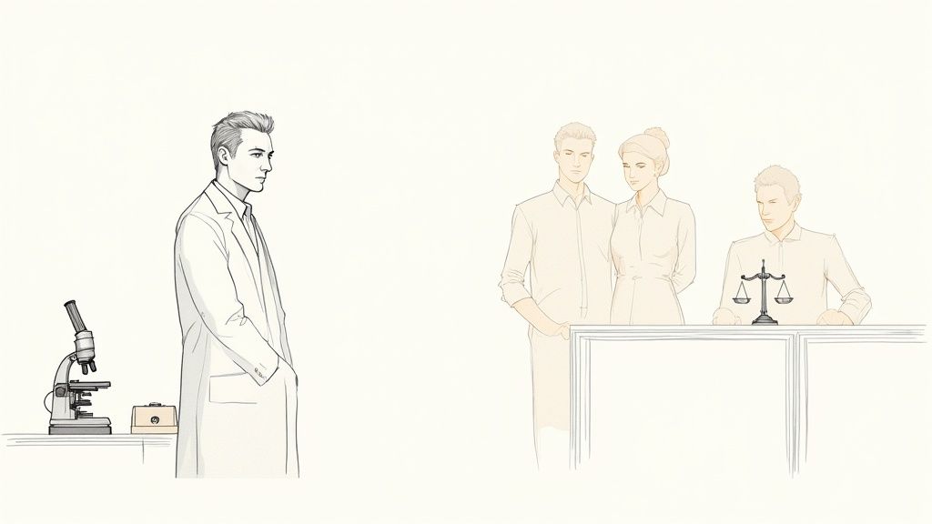A scientist stands by a microscope, facing a courtroom with legal figures and a scale of justice.