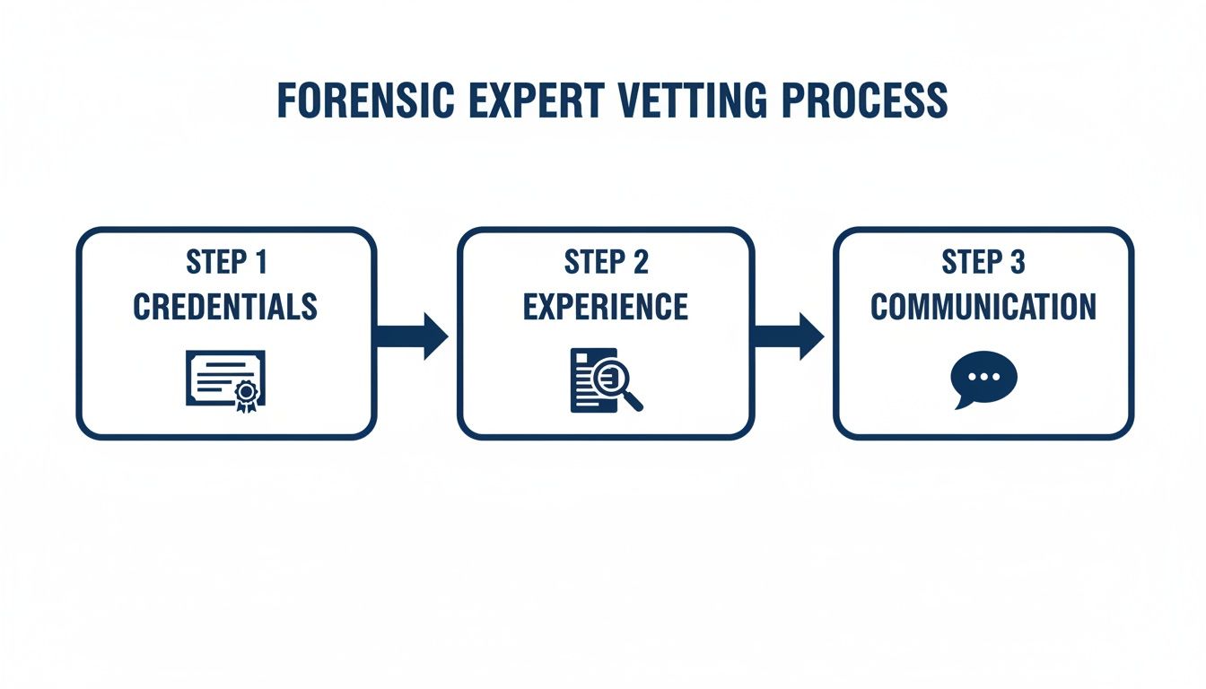 A flowchart illustrating the forensic expert vetting process steps: credentials, experience, and communication.