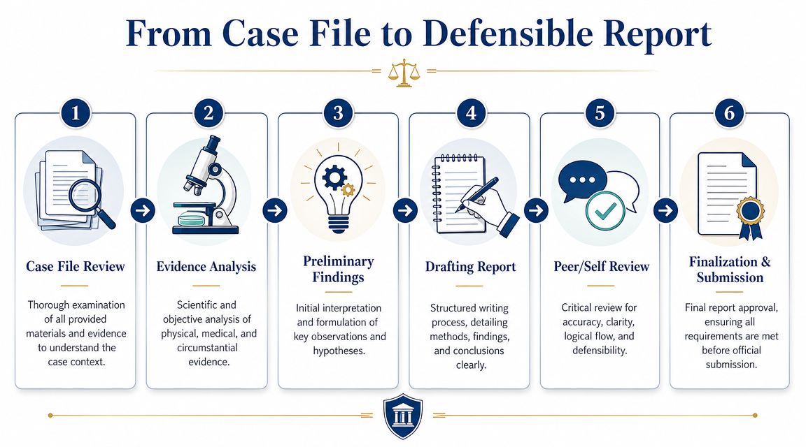 A six-step infographic illustrating the professional workflow from initial case file review to final report submission.