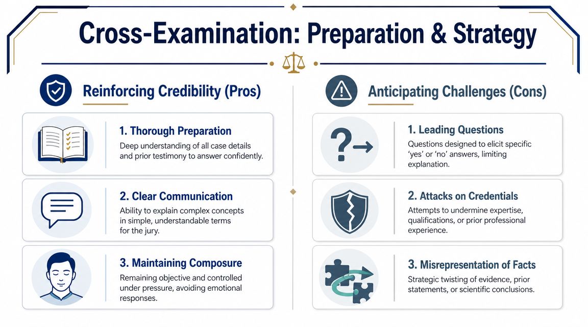 An infographic titled Cross-Examination: Preparation and Strategy, detailing pros for reinforcing credibility and cons for anticipating challenges.