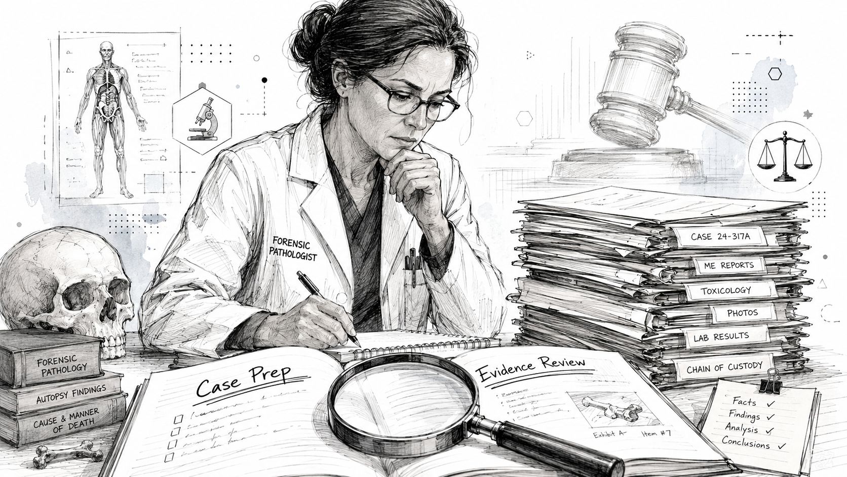 A forensic pathologist reviews case files, medical reports, and evidence in a professional investigation office setting.