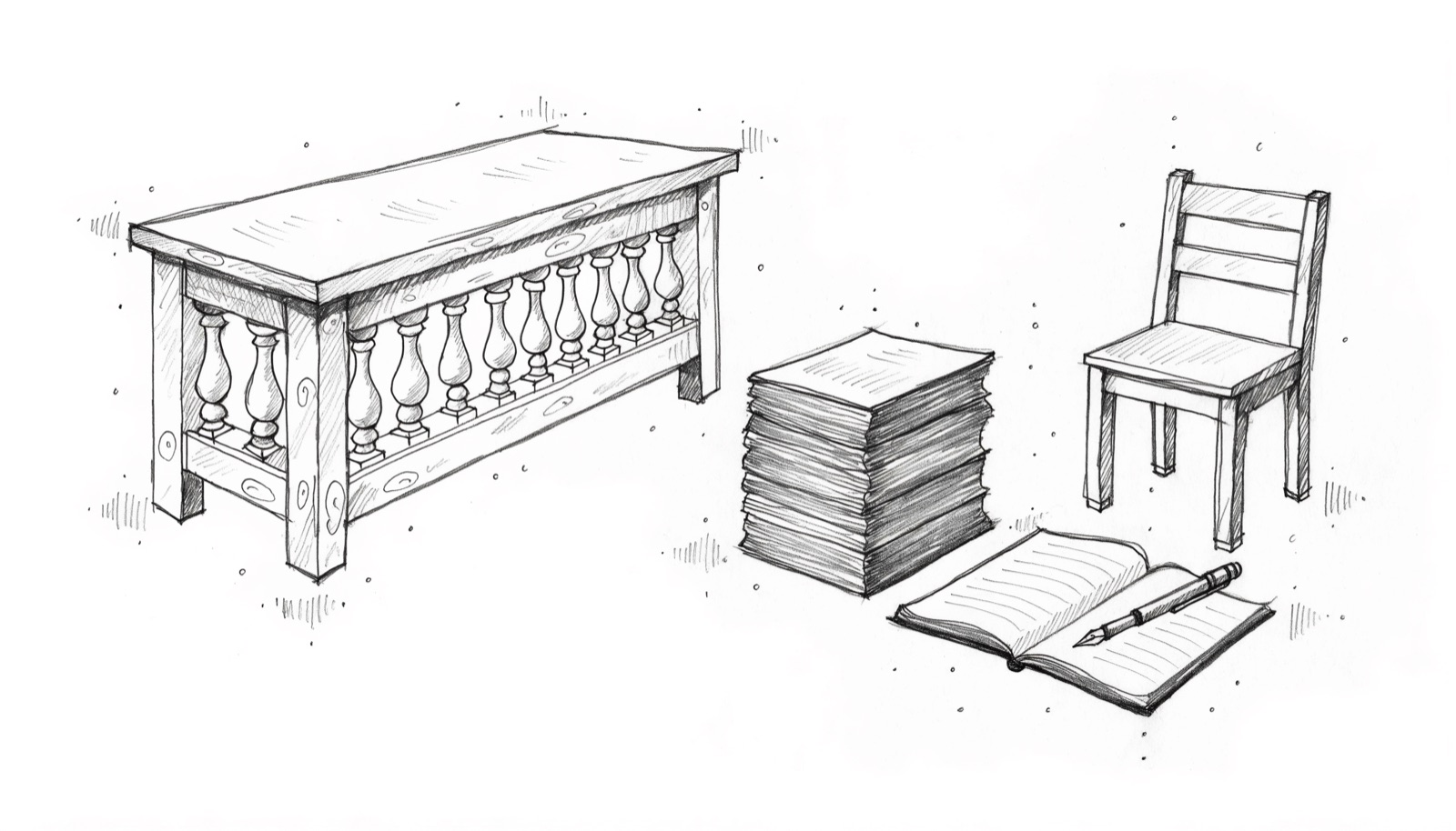An empty witness stand and chair with bound documents, a notepad and pen