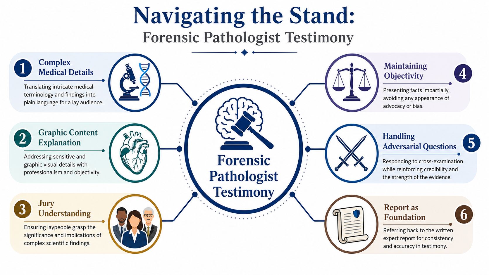 An infographic detailing six essential strategies for forensic pathologists preparing for expert witness testimony in court.