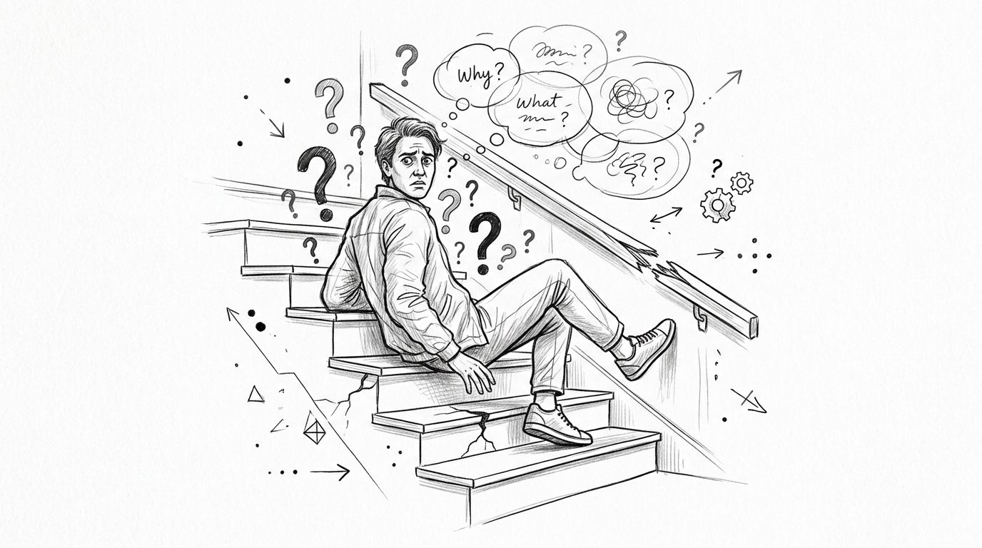 A pencil sketch of a worried man sitting on broken stairs surrounded by numerous floating question marks.