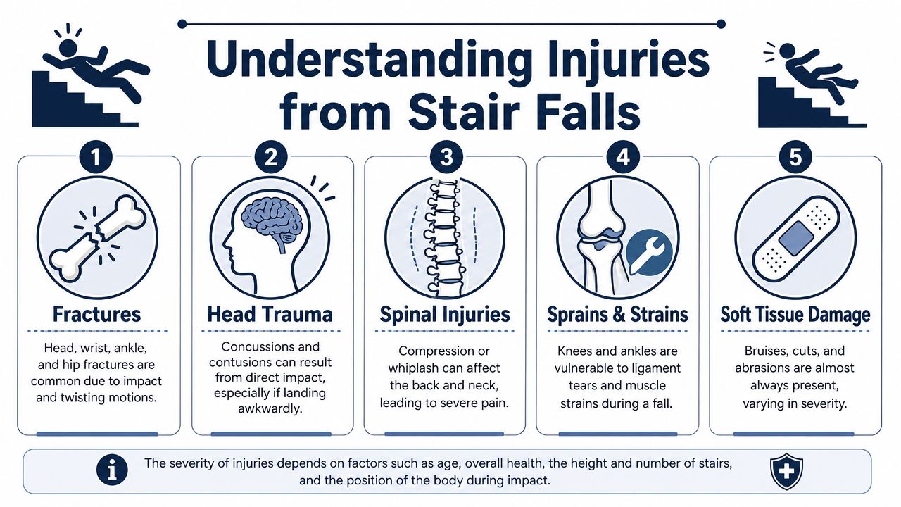 An infographic detailing five common types of injuries sustained from falling down the stairs.