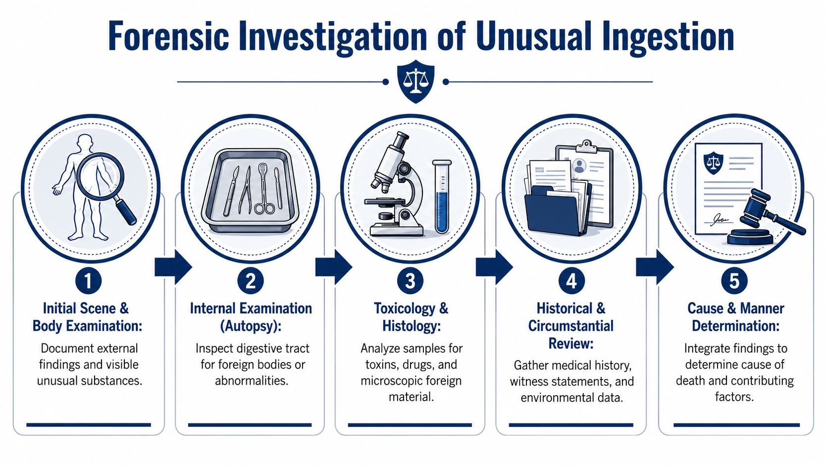 A flowchart showing the five steps of a forensic investigation into unusual ingestion of substances or objects.