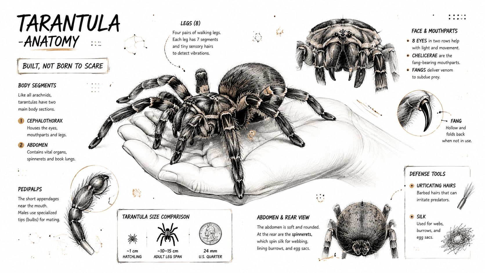 An educational anatomical diagram of a tarantula detailing its body segments, legs, mouthparts, and defense mechanisms.