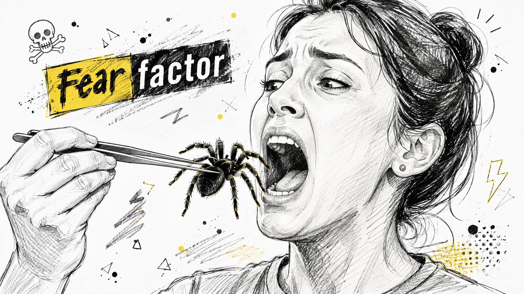 A pencil sketch of a woman appearing terrified while holding a large spider with tweezers toward her mouth.