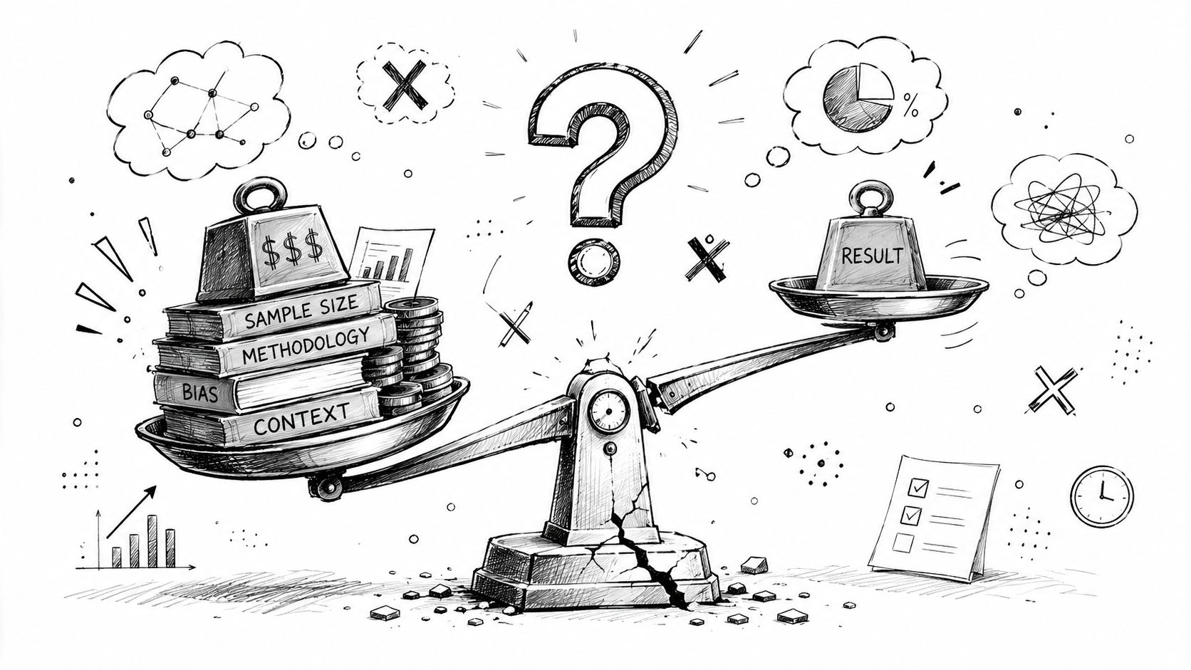 A conceptual sketch of a scale weighing research inputs against a result, emphasizing data-driven analysis and balance.
