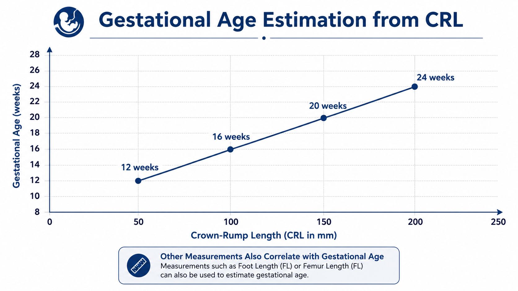 A line graph titled Gestational Age Estimation from CRL showing the correlation between CRL measurements and gestational age.