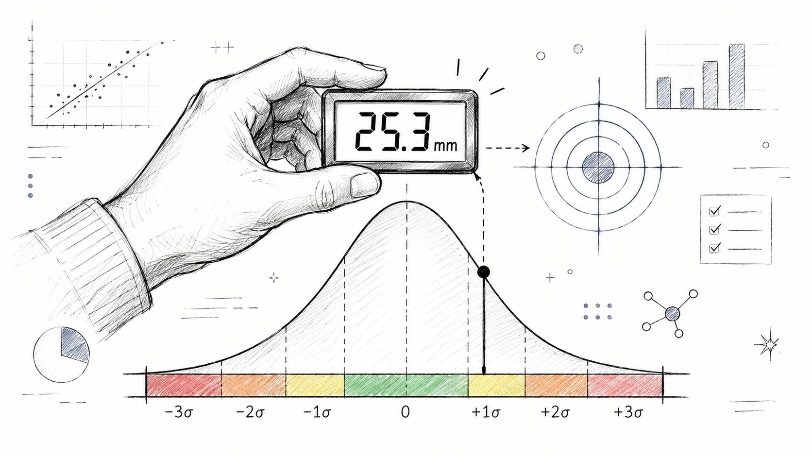 A hand holds a digital display showing 25.3 mm above a statistical normal distribution curve.