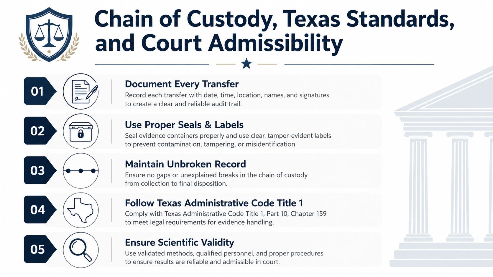 An infographic outlining five key steps for maintaining chain of custody standards for evidence in Texas courts.