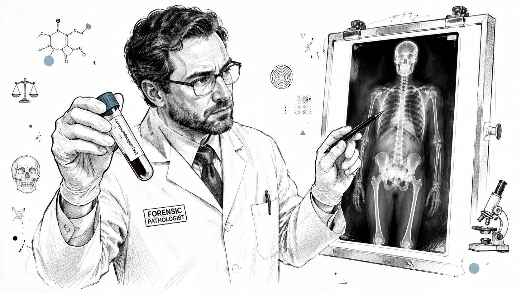 A forensic pathologist in a white lab coat examining a blood test tube and a skeletal X-ray.