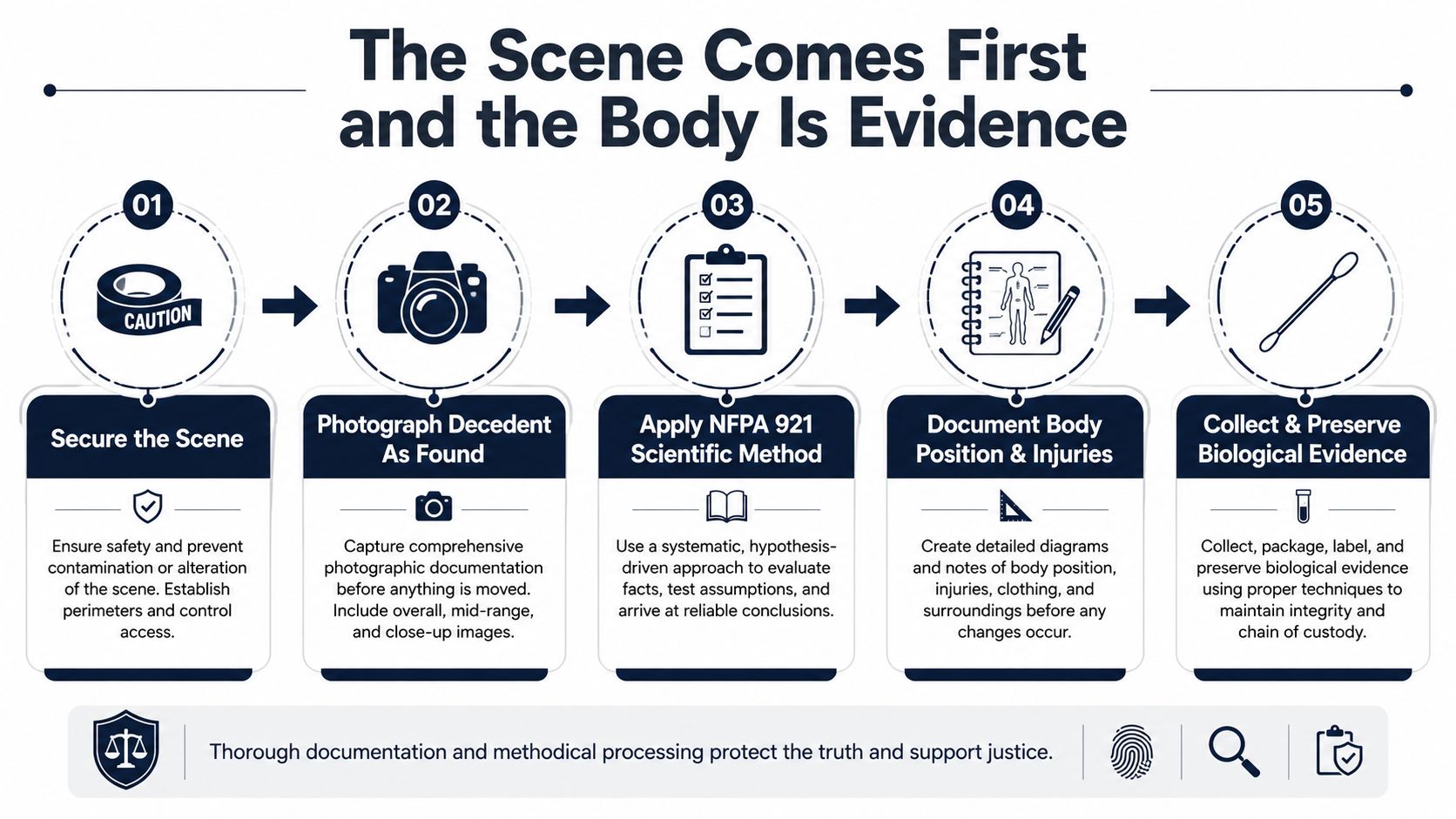An infographic detailing five systematic steps for forensic fire death investigation at a scene.