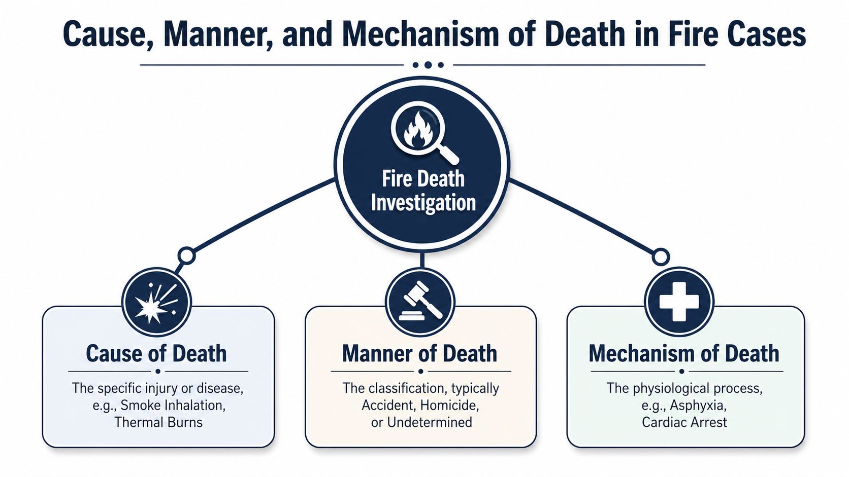 An infographic detailing the cause, manner, and mechanism of death during a fire death investigation.