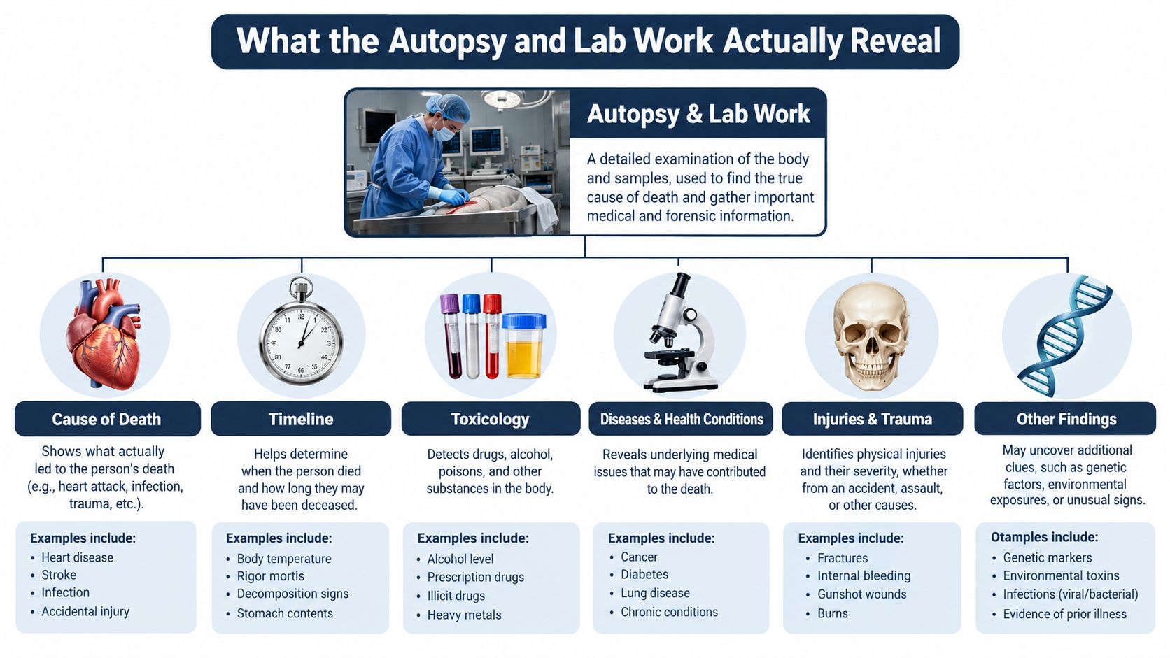 An infographic detailing the various components of an autopsy and laboratory analysis in forensic investigations.