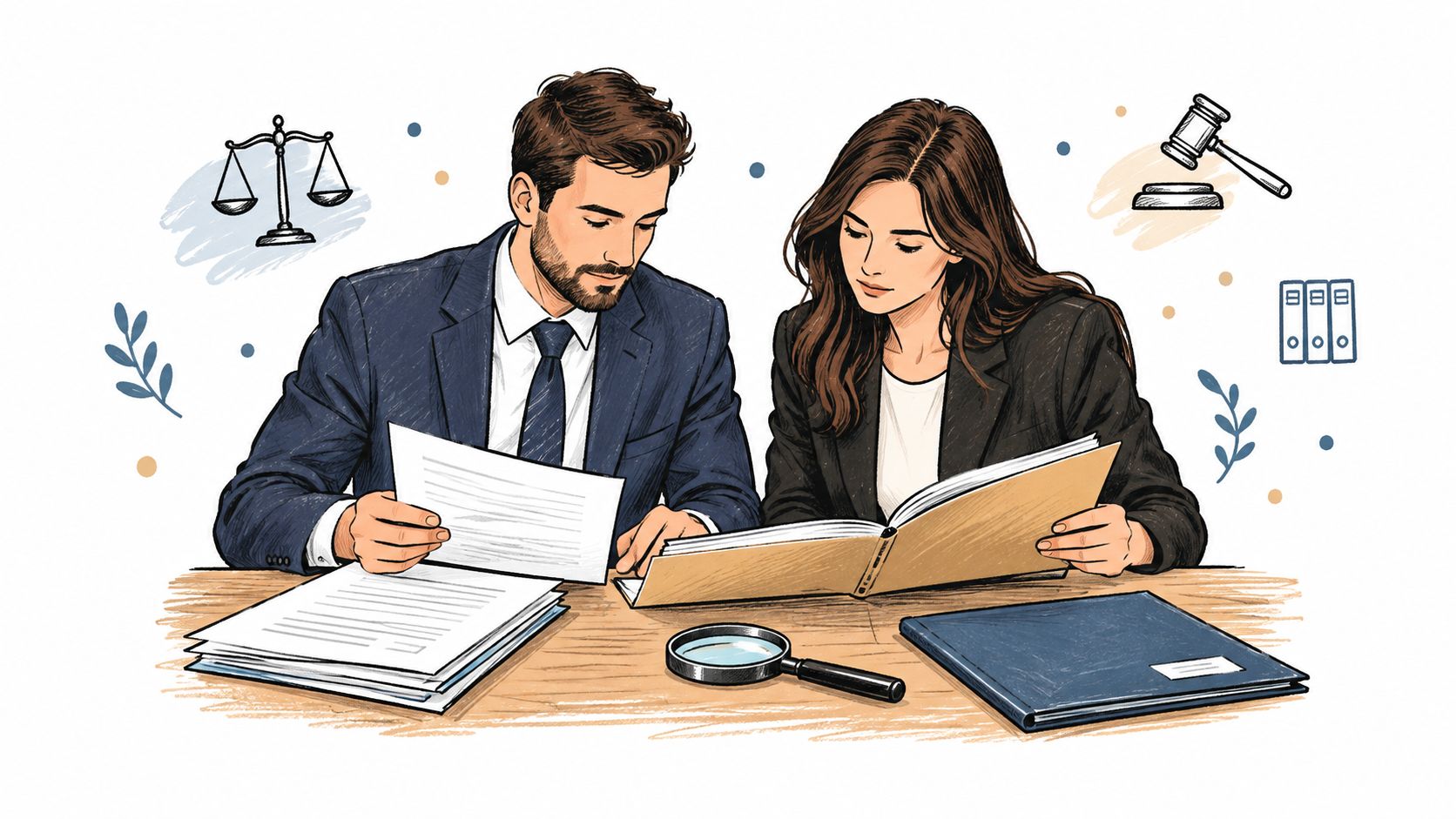 A professional male and female lawyer sitting at a desk reviewing legal documents and case files together.