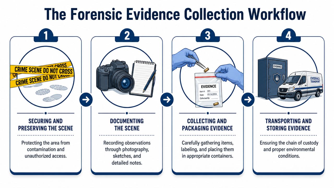 A four-step infographic illustrating the professional forensic evidence collection workflow from scene security to storage.