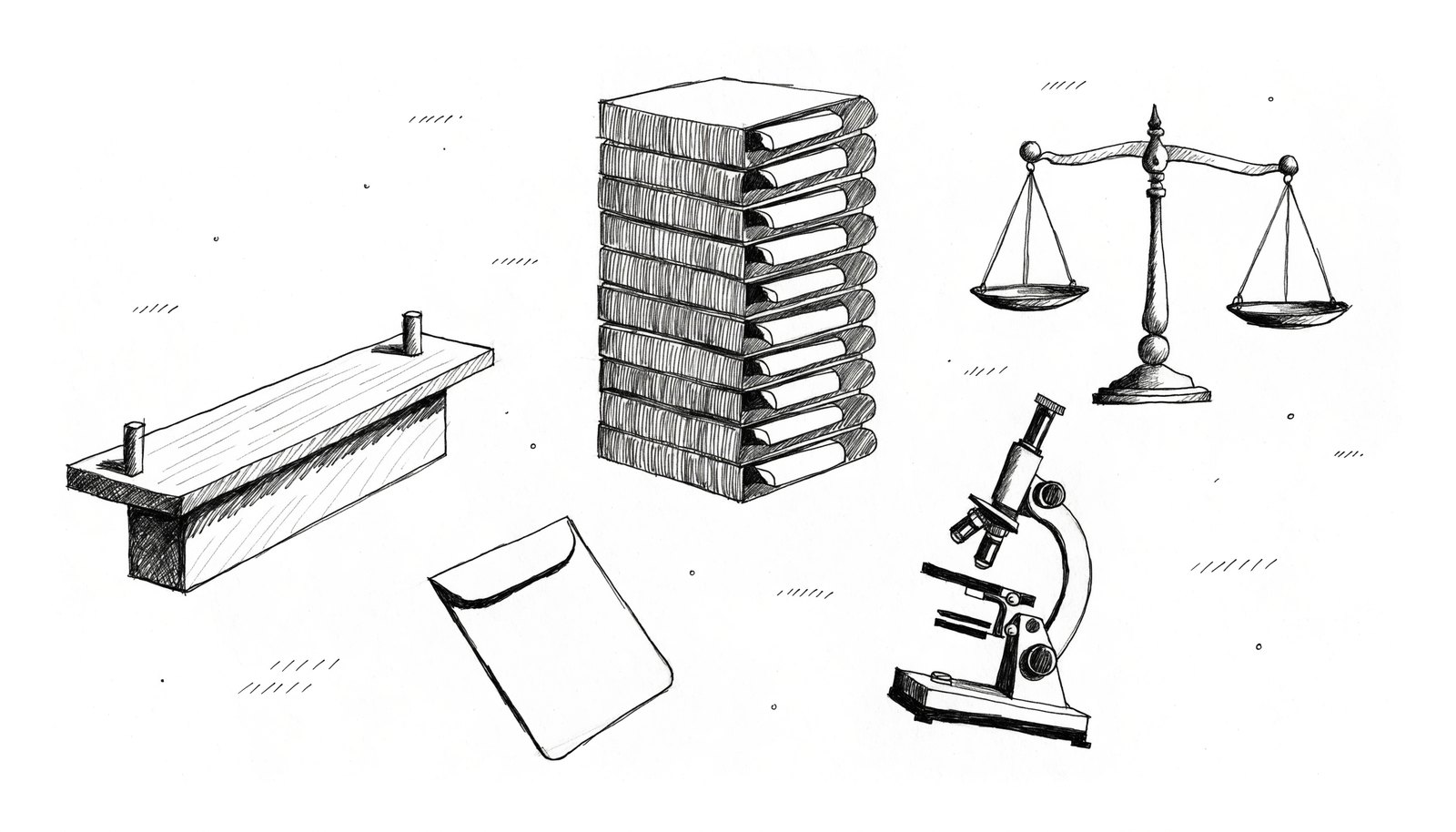 A courtroom bench rail with exhibit binders, a balance scale and a microscope, representing forensic expert testimony
