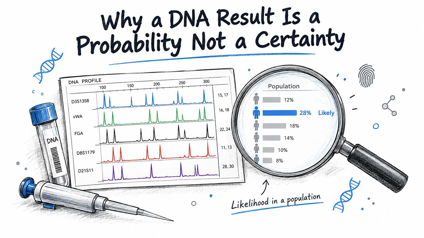 A diagram illustrating forensic DNA profiling with a chromatogram, a magnifying glass, and probability statistics for population.