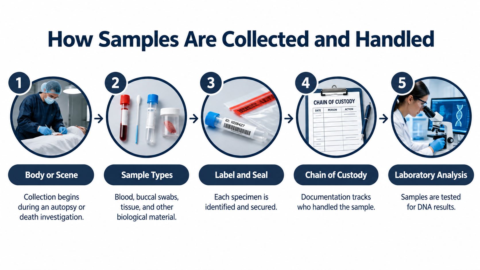 A five-step infographic showing the forensic process of collecting, labeling, tracking, and analyzing biological samples.