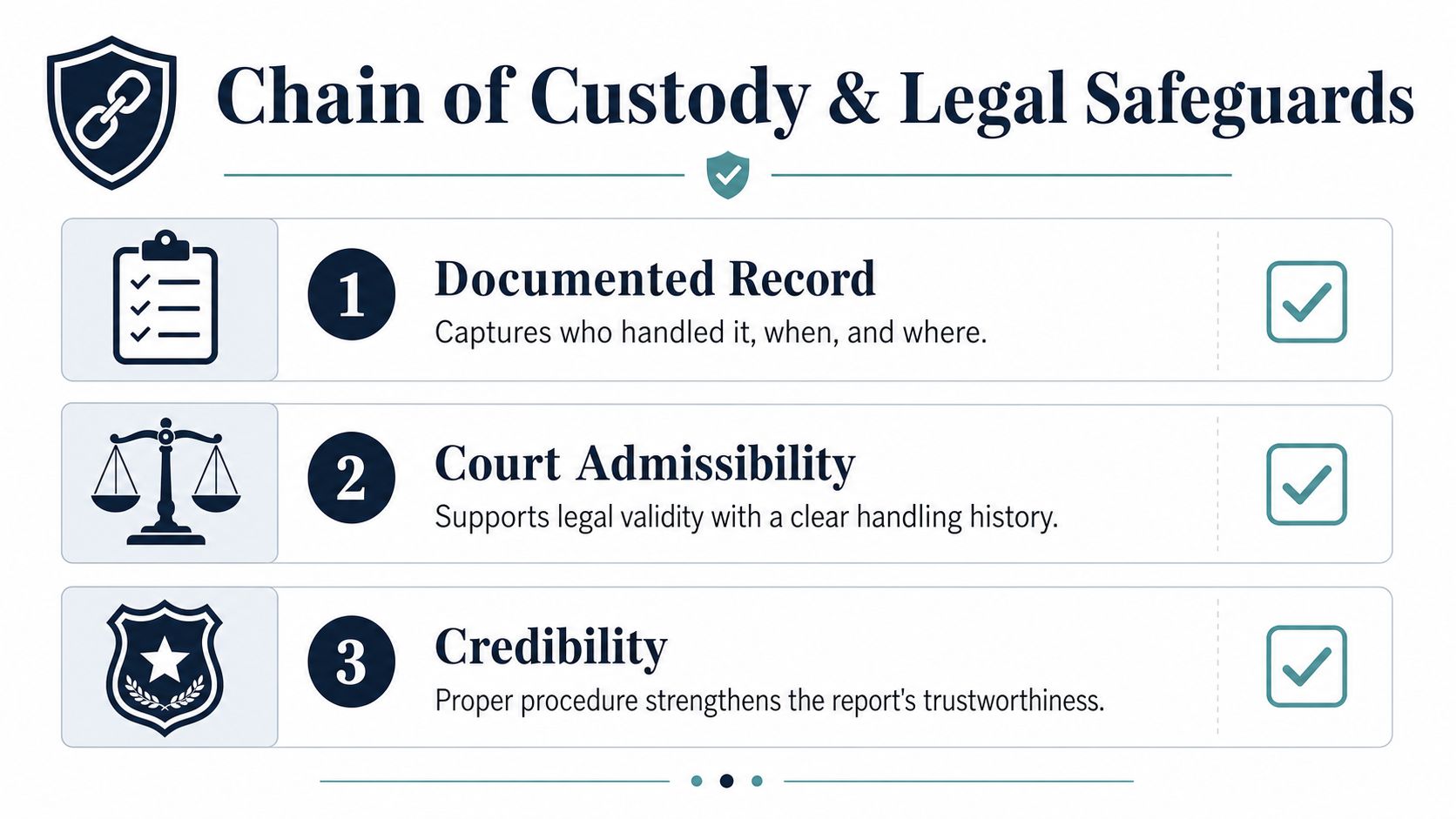 An infographic titled Chain of Custody and Legal Safeguards detailing three key steps for evidence handling.