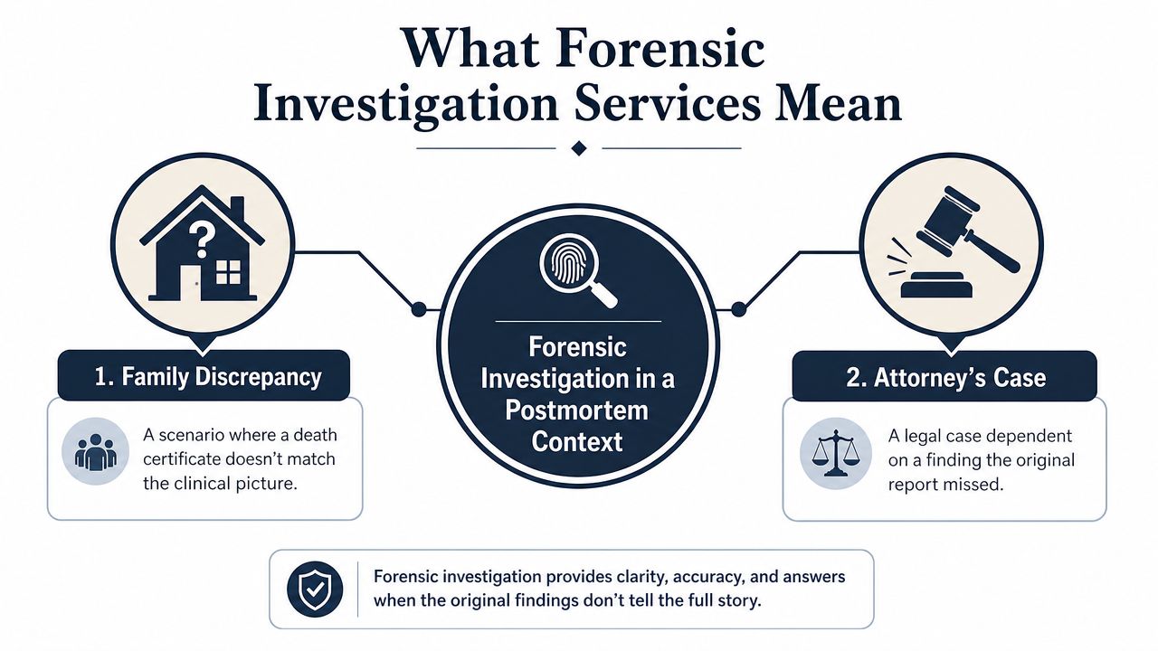 An infographic explaining the meaning of forensic investigation services in postmortem contexts for families and attorneys.
